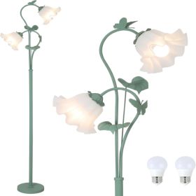Flower Floor Lamp For Living Room, Vintage Floor Lamp With 2 LED 5W Blubs, Foot Switch, Green Standing Lamp With Acrylic Shade, Unique Floral Tall Lam