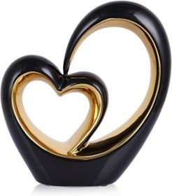 Porcelain Double Heart Decor,Black and Gold Sculpture Home Decor for Living Room Entryway Coffee Dining Table Shelves, Wedding Anniversary