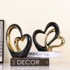 Porcelain Double Heart Decor,Black and Gold Sculpture Home Decor for Living Room Entryway Coffee Dining Table Shelves, Wedding Anniversary