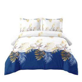 3 Piece Duvet Cover Set, US Designer Navy Blue And Gold Tropical Floral Botanical Print High GSM Heavyweight Comforter Cover With Zipper & Corner Ties (Option: Queen)