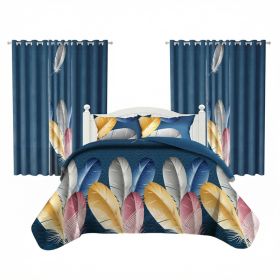 9 Piece Room In A Bag Quilt And Curtain Set, US Designer Navy Blue Boho Feather Print Heavyweight Bedspread With 6 Customizable Window Panels, Pet-Fri (Option: Twin)