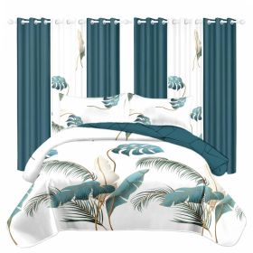 9 Piece Tropical Palm Leaf Quilt Set With 6 Independent Curtains, Heavyweight High-GSM Bedspread And Light Filtering Window Drapes Bundle, Teal Botani (Option: King)