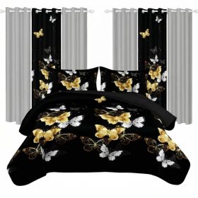 9 Piece Room In A Bag Quilt And Curtain Set, US Designer Black And Gold Butterfly Print Heavyweight Bedspread With 6 Customizable Window Panels, Pet-F (Option: Twin)