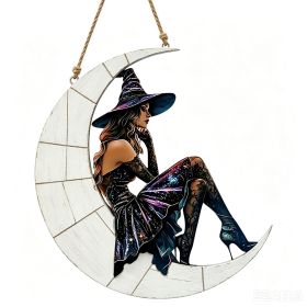 Halloween New Hot Selling Riding Broom Magical Witch Creative Wooden Printing Doors and Windows Garden Hanging Decoration (Color: 17, size: 20*20*0.5)