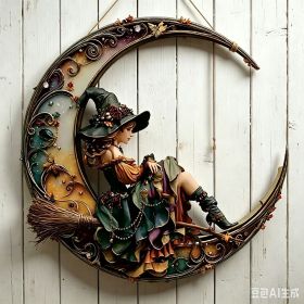 Halloween New Hot Selling Riding Broom Magical Witch Creative Wooden Printing Doors and Windows Garden Hanging Decoration (Color: 9, size: 30*30*0.5)