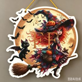 Halloween New Hot Selling Riding Broom Magical Witch Creative Wooden Printing Doors and Windows Garden Hanging Decoration (Color: 1, size: 20*20*0.5)