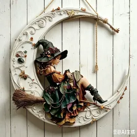 Halloween New Hot Selling Riding Broom Magical Witch Creative Wooden Printing Doors and Windows Garden Hanging Decoration (Color: 27, size: 15*15*0.5)