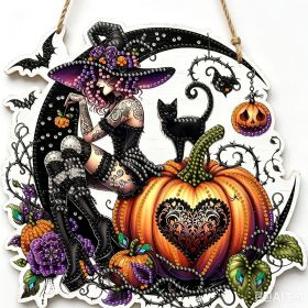 Halloween New Hot Selling Riding Broom Magical Witch Creative Wooden Printing Doors and Windows Garden Hanging Decoration (Color: 16, size: 30*30*0.5)
