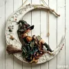 Halloween New Hot Selling Riding Broom Magical Witch Creative Wooden Printing Doors and Windows Garden Hanging Decoration