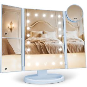 Makeup Mirror, Vanity Mirror with Lights, 2X/3X/10X Magnification, Touch Control, Trifold, Dual Power Supply, Gifts Mothers Day for Mom (Color: Blue)