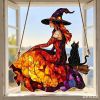 Halloween New Hot Selling Riding Broom Magical Witch Creative Wooden Printing Doors and Windows Garden Hanging Decoration
