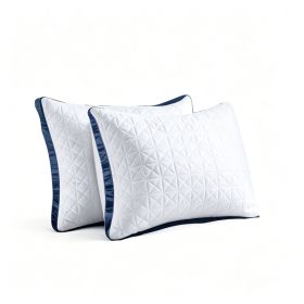 2-Pack Luxury Bed Pillows - Breathable Down Alternative Gusseted Supportive Pillows With White & Navy Blue Elegant Pattern, Soft Fiber Fill For Enhanc (Option: 2pc Standard 17x 26in)